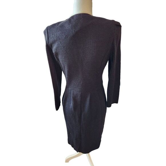 Vintage 70s 80s Leslie Fay Black Ribbed Knit Sheath Dress Pearl Buttons - Picture 3 of 4